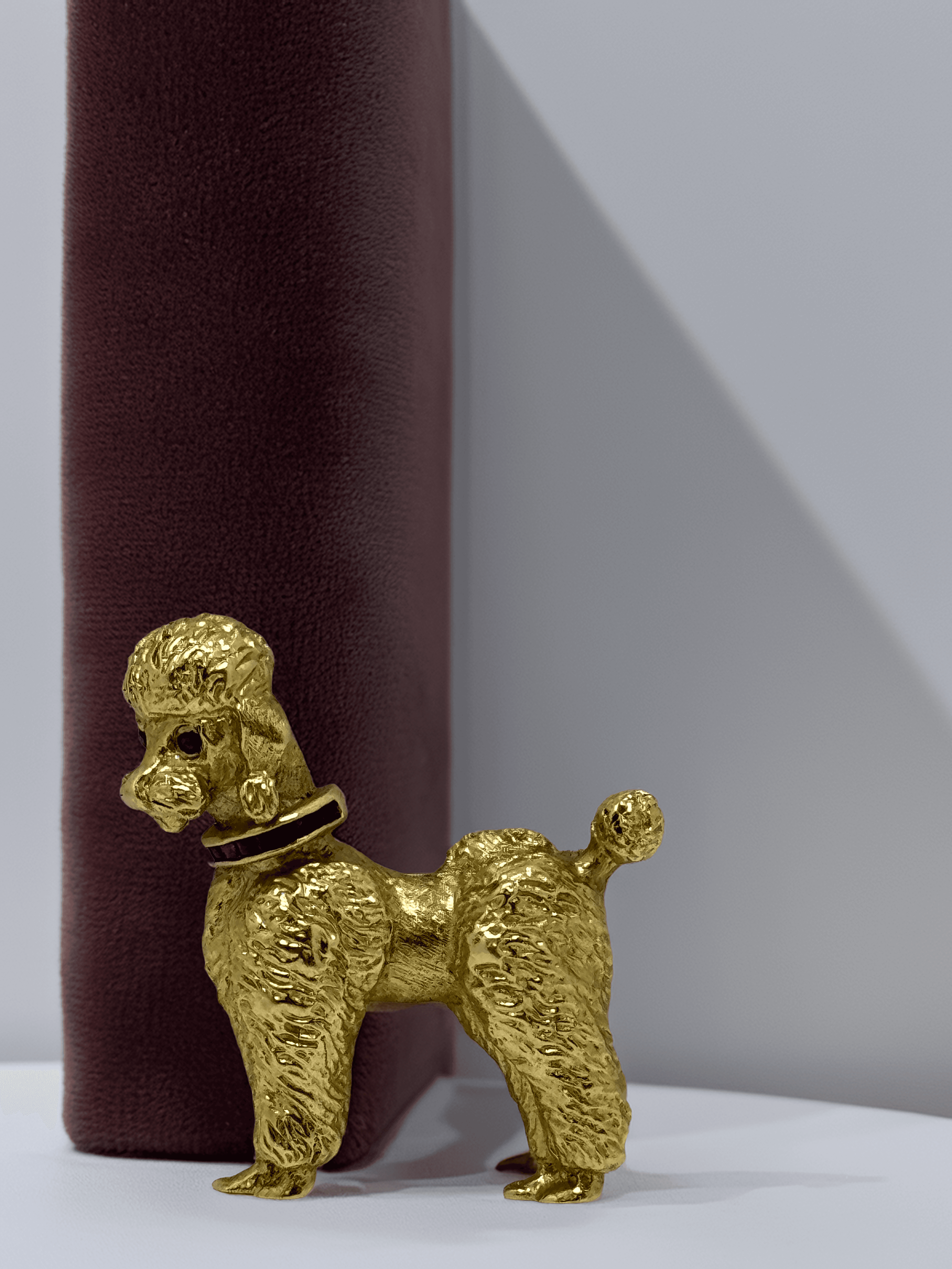 14K Solid Gold Poodle Brooch 13.1g Ruby & Sapphire Eyes Vintage Dog Pin - $2,800 - Lumezza Jewelry