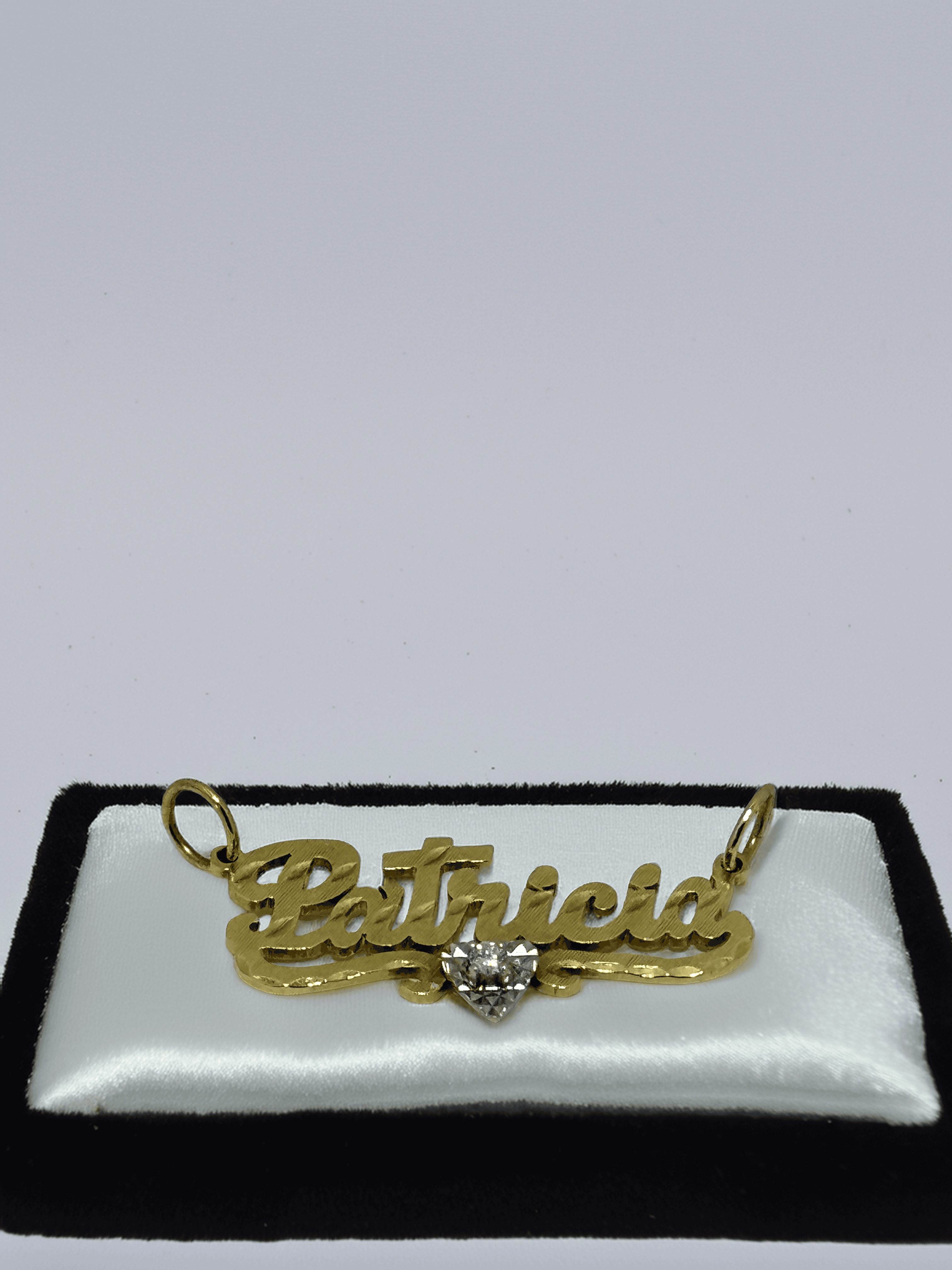 18K Solid Gold “Patricia” Name Pendant 3.9g with Diamond Heart Accent - $1,400 - Lumezza Jewelry